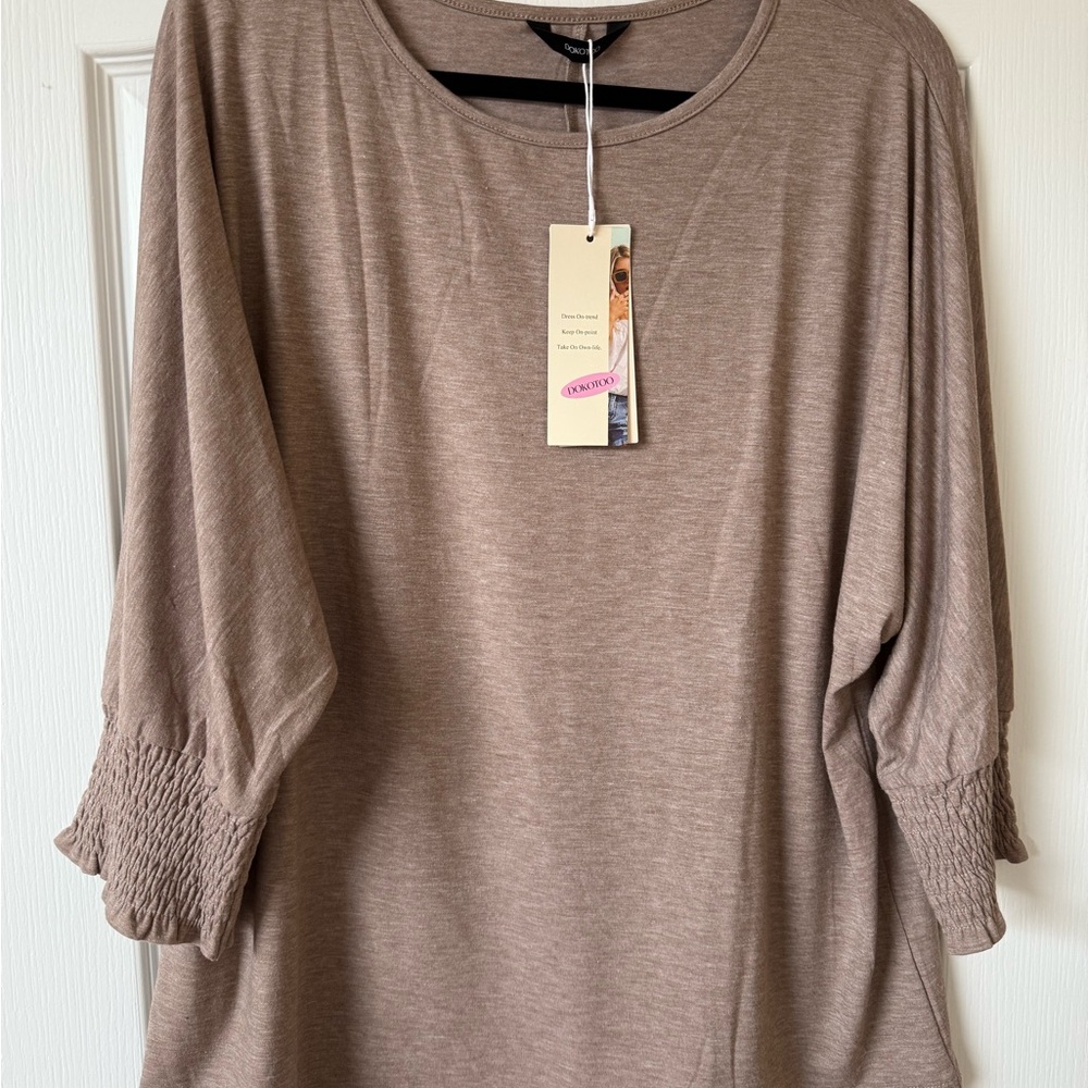 Elegant Taupe Blouse with Ruched Sleeves